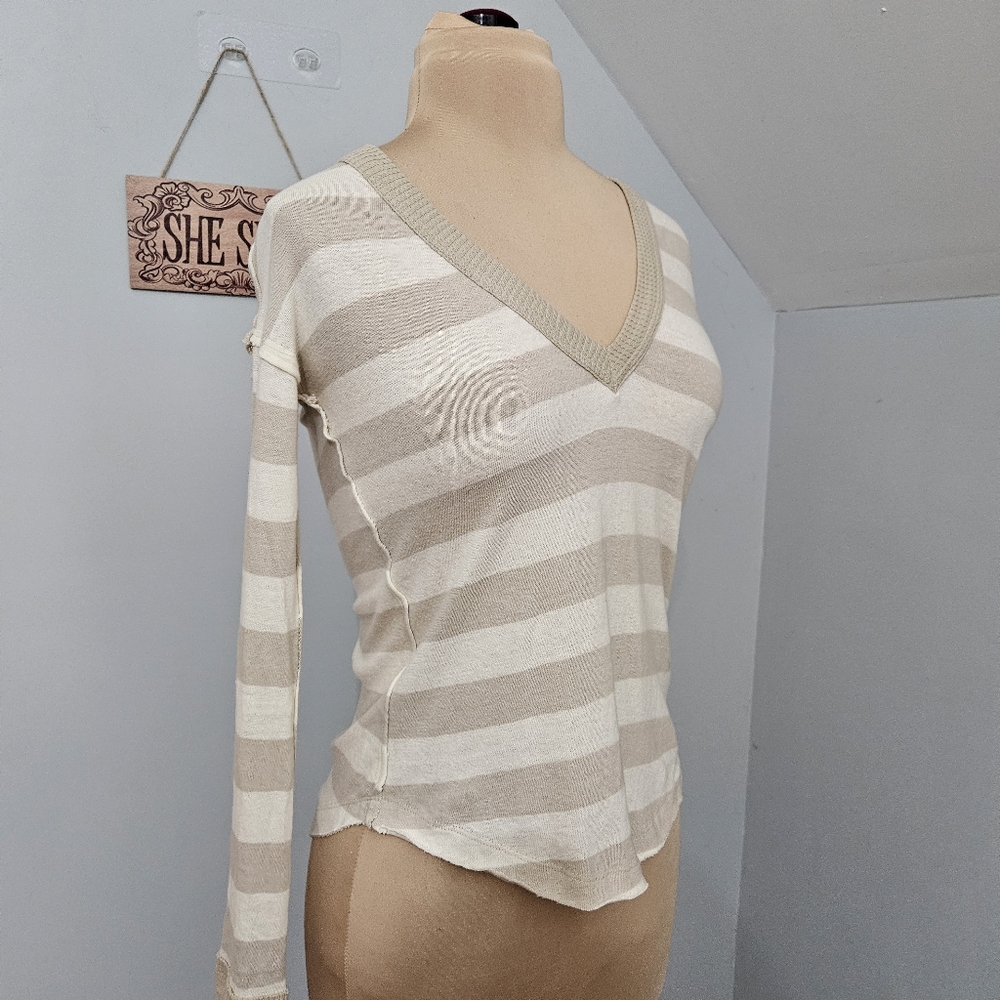We The Free Sail Away Striped Long Waffle Knit Sleeve Top XS Beige White Neutral - Picture 5 of 16